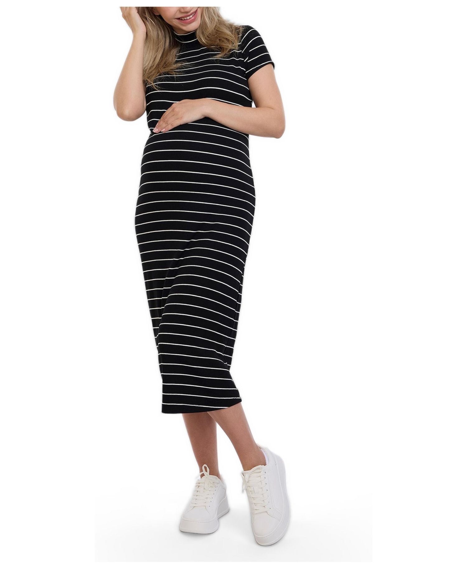 Women's Mock Neck Short Sleeve Ribbed Midi Dress - Motherhood