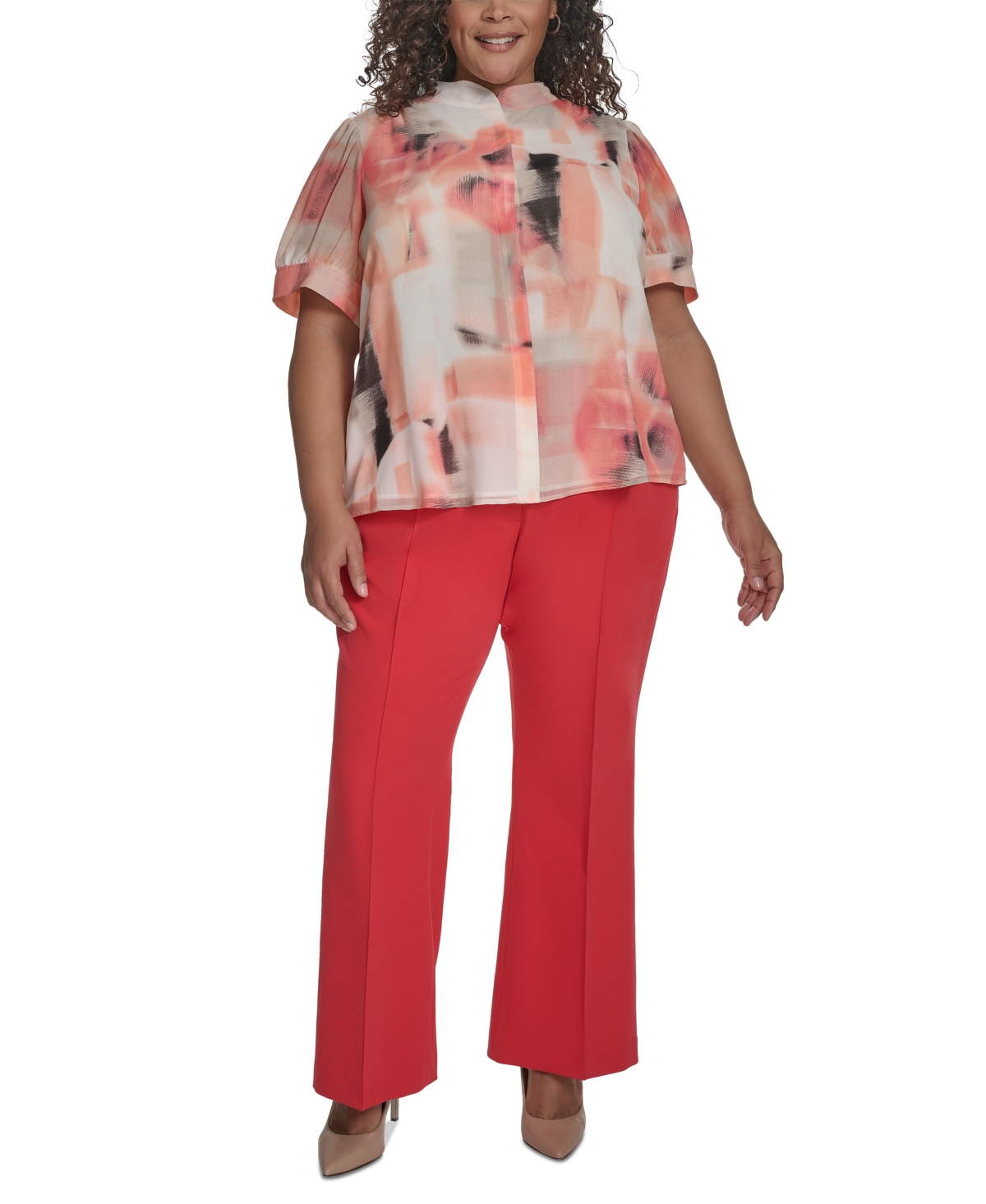 Shop Dkny Plus Size Printed Chiffon Button-front Blouse
