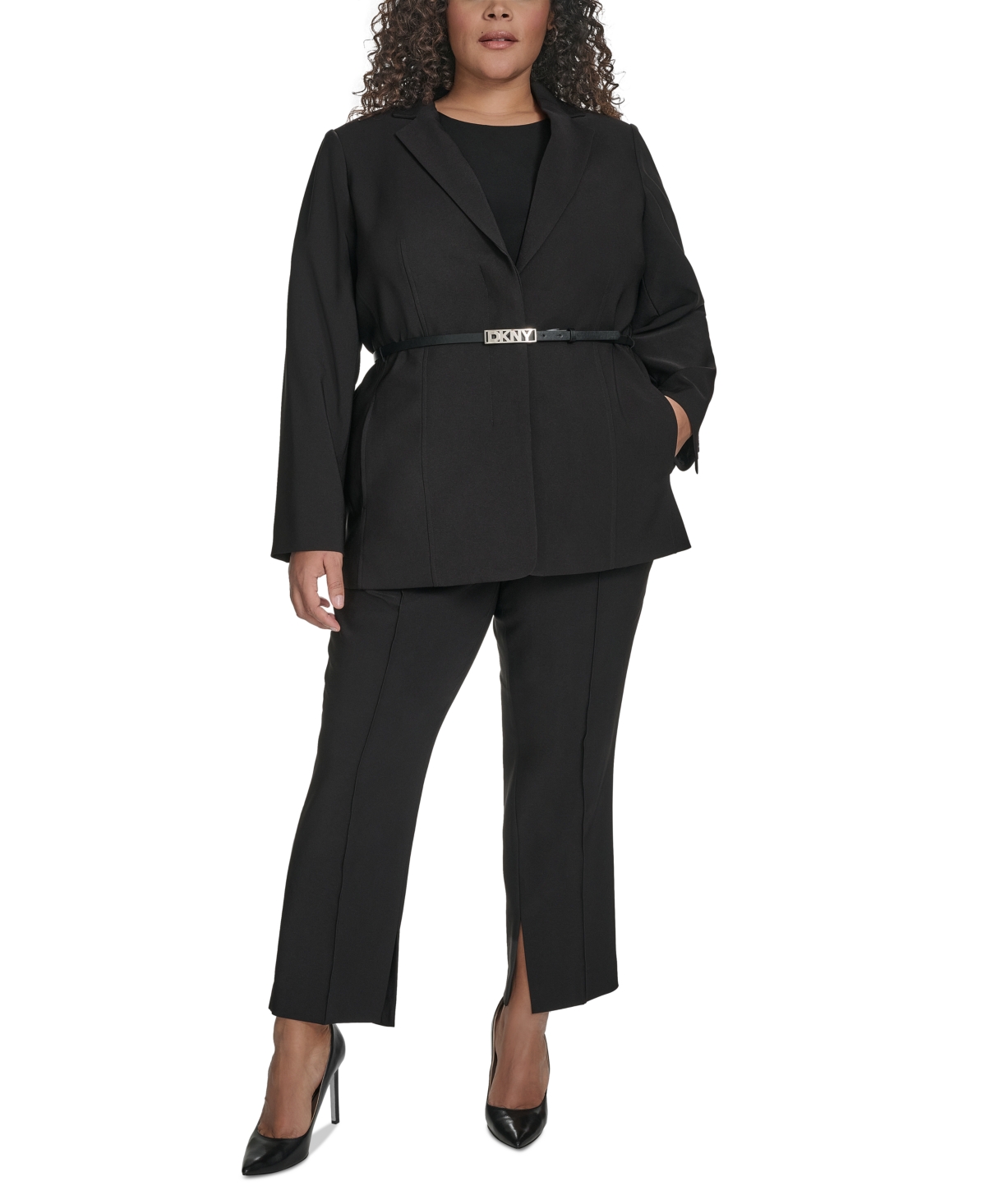 Dkny Plus Size Notch-collar Belted One-button Jacket In Black