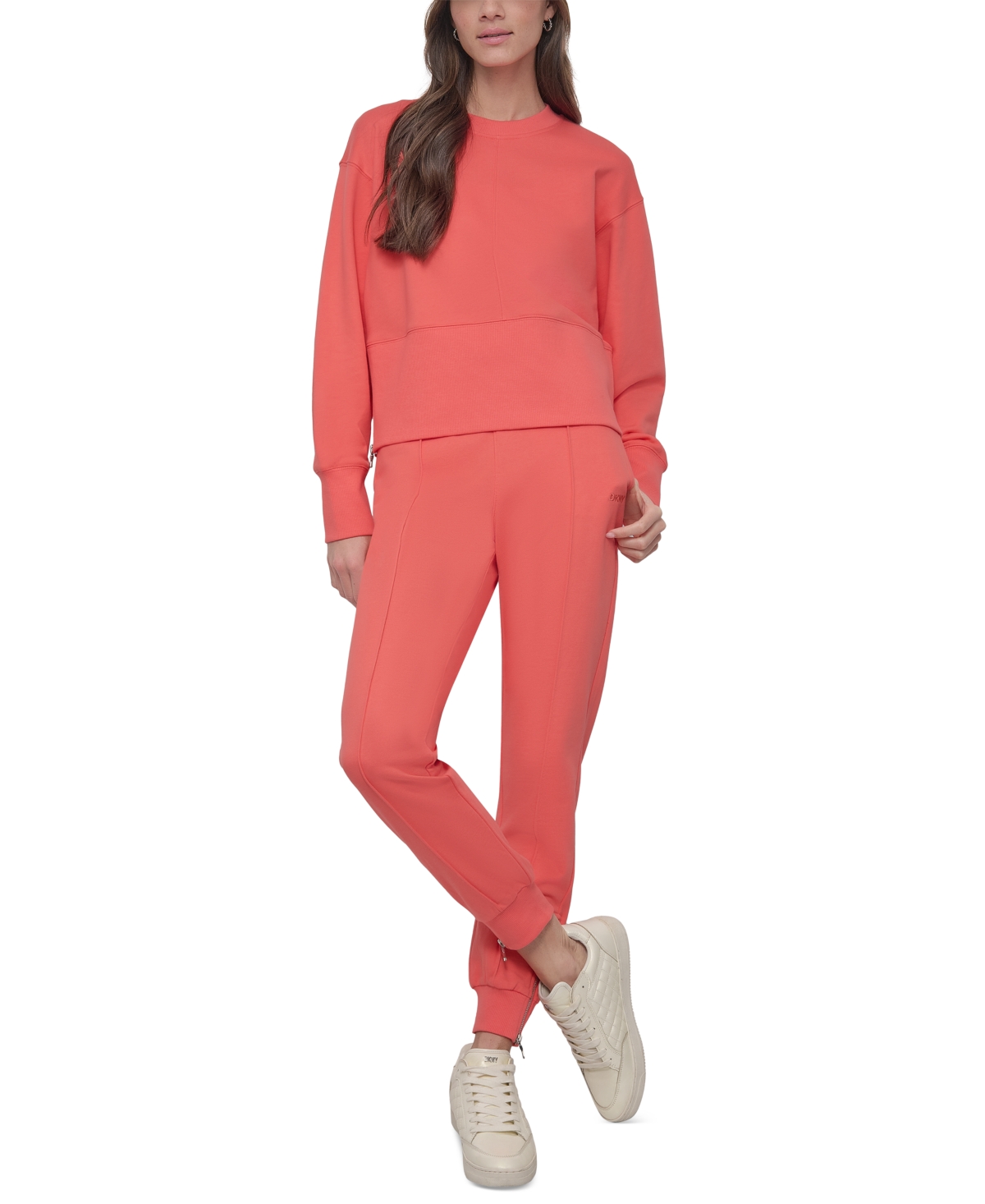 Dkny Sport Women's Cropped Crewneck Side-zip Sweatshirt In Coral Crush