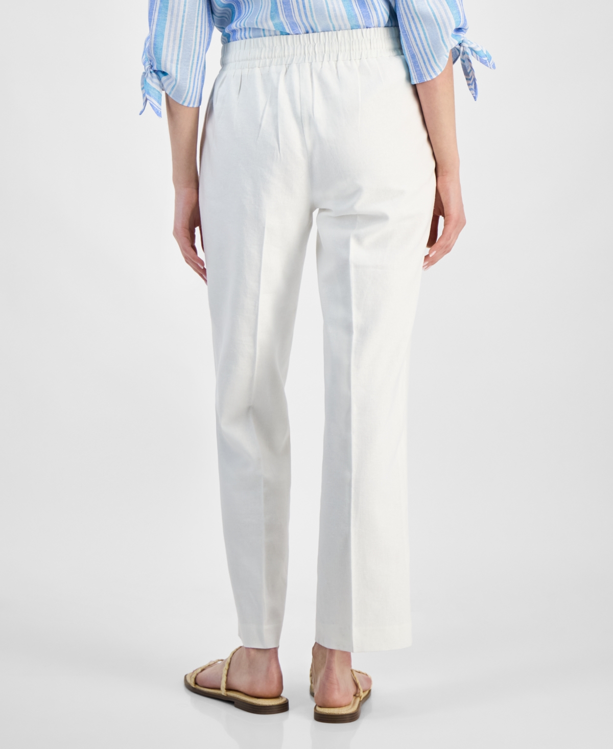 Jones New York Stripe Three Quarter Sleeve Linen Blend V-neck Top In Nyc White