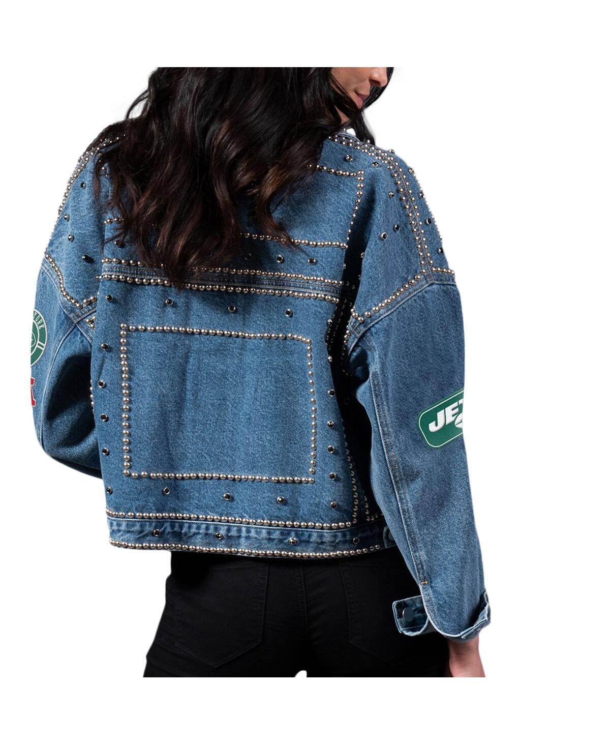 G-III 4HER BY CARL BANKS WOMEN'S NEW YORK JETS FIRST FINISH MEDIUM DENIM FULL BUTTON JACKET 