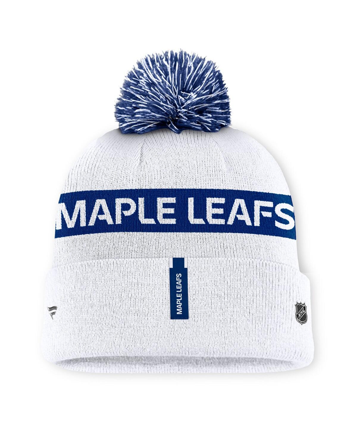 Fanatics Women's White/blue Toronto Maple Leafs Authentic Pro Rink Cuffed With Pom Knit Hat In White,blue