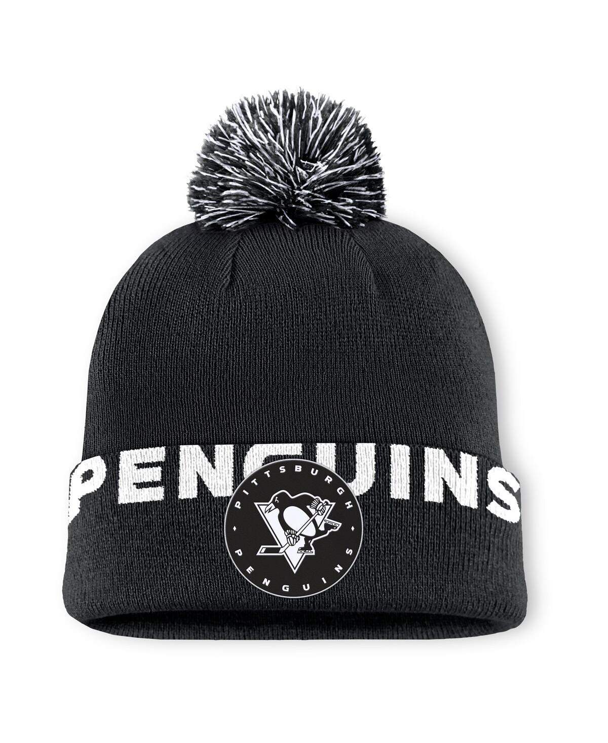 Fanatics Men's Black Pittsburgh Penguins Fundamental High Stick Cuffed With Pom Knit Hat In Black