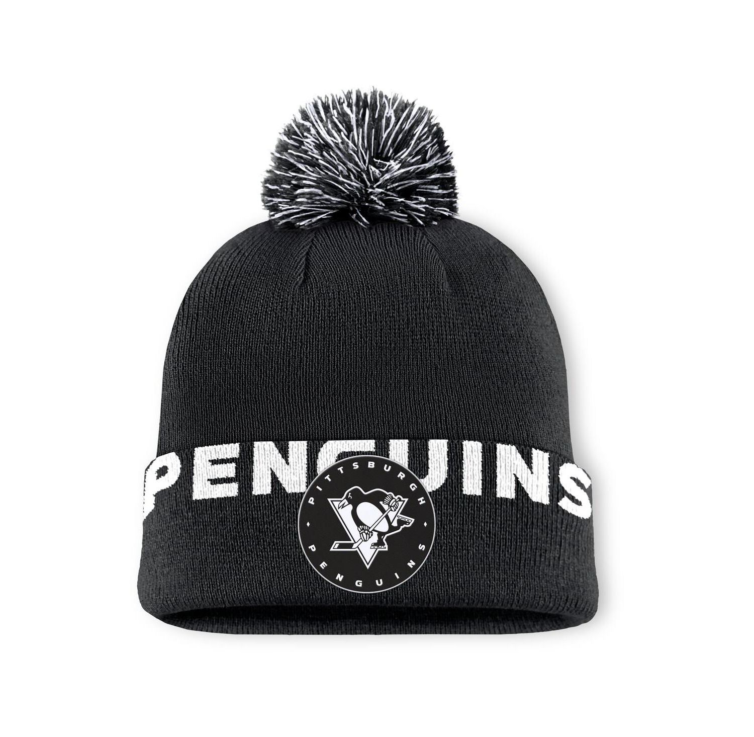 Men's Black Pittsburgh Penguins Fundamental High Stick Cuffed with Pom Knit Hat