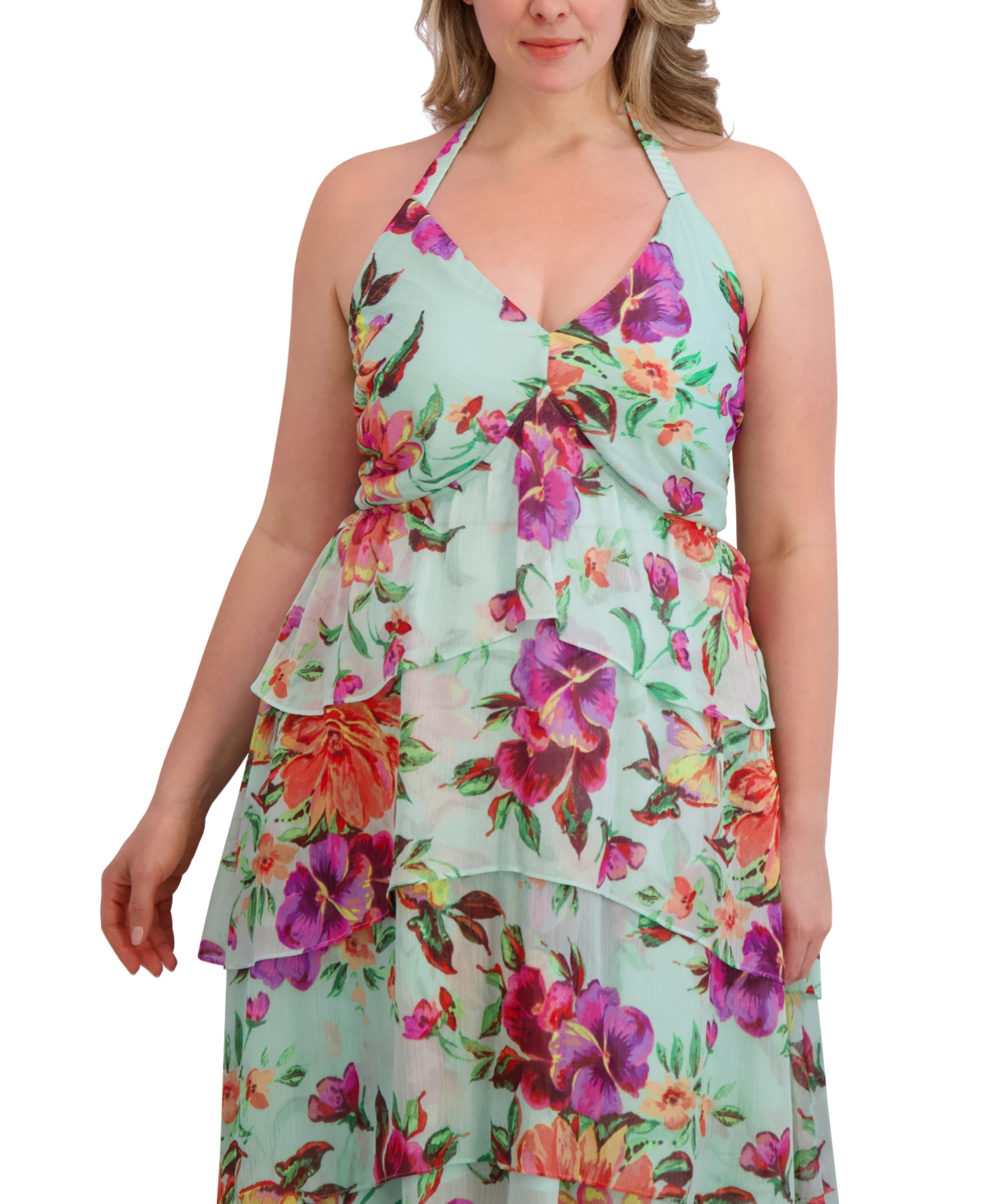 Siena Plus Size Tiered Floral-print Chiffon Dress In Mint Multi