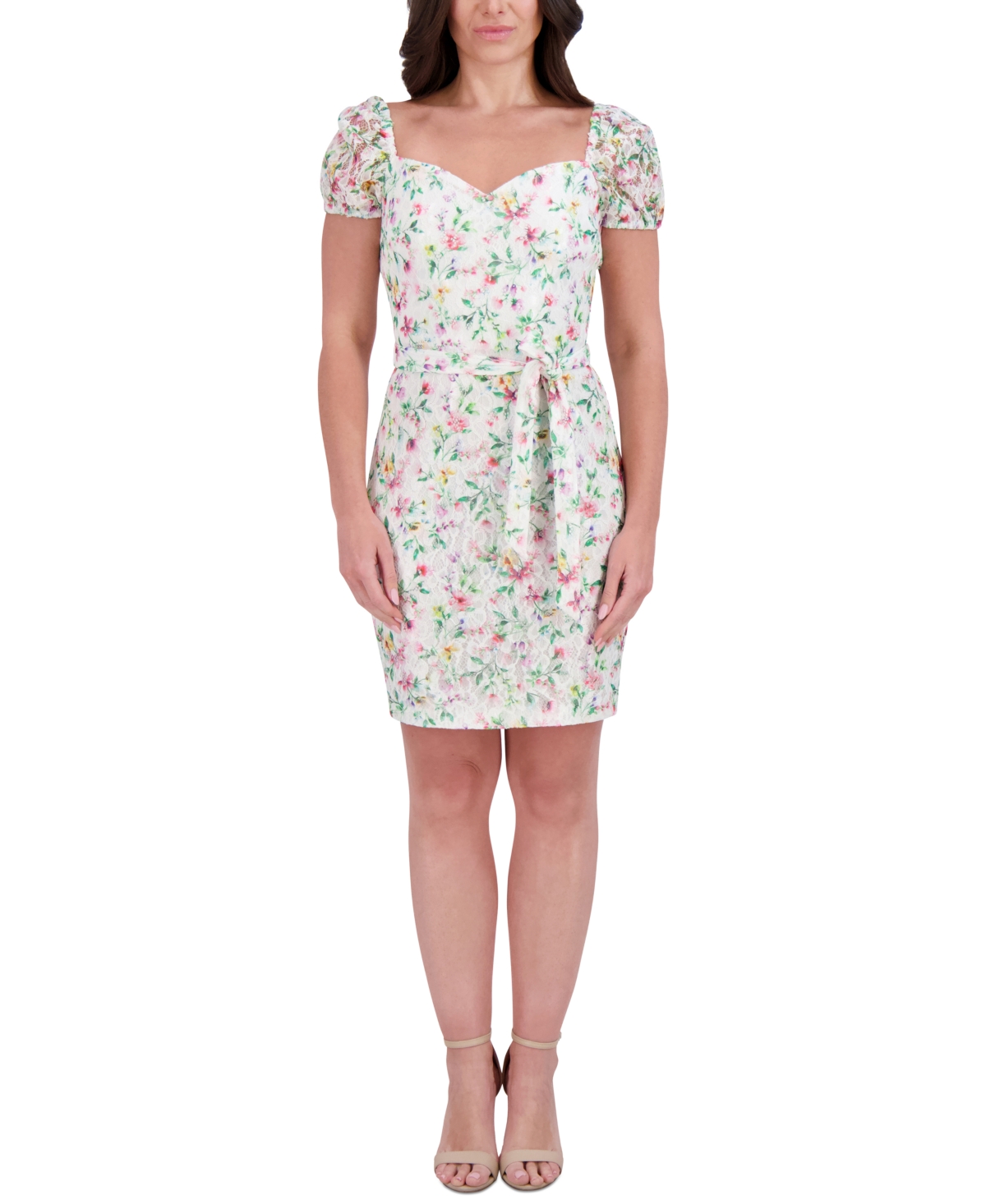 Women's Floral-Print Lace Sweetheart Dress - White Multi