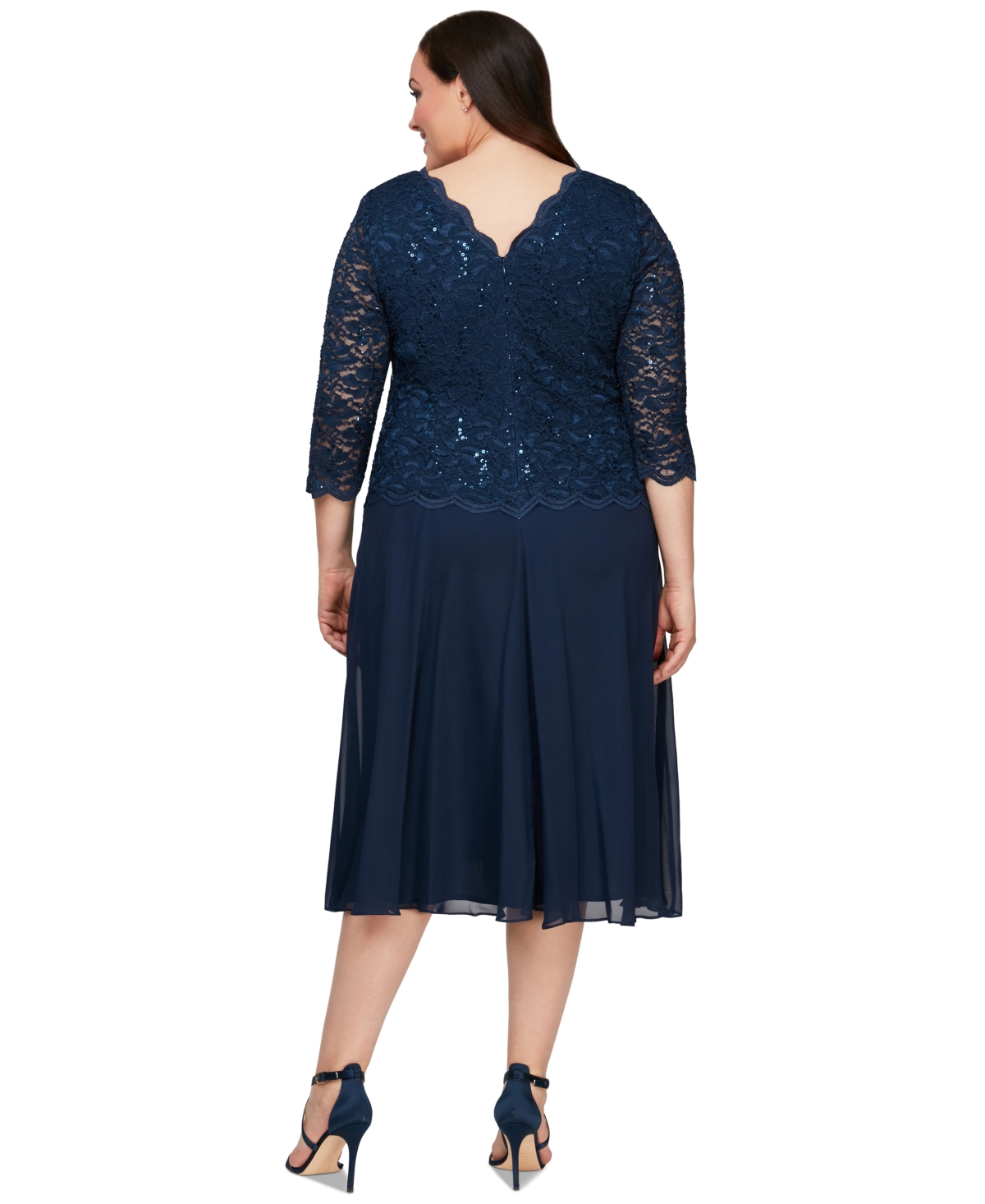 Alex Evenings Plus Size Sequined Lace A-line Dress In Navy