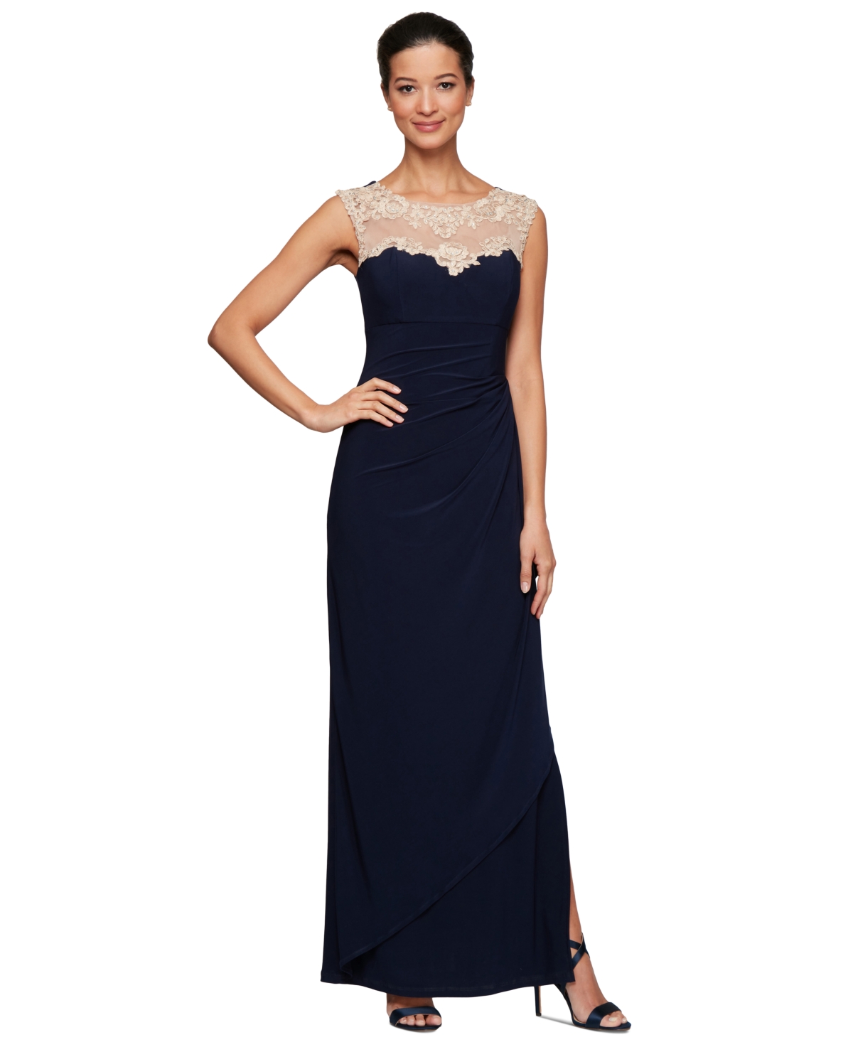 Alex Evenings Lace Illusion Yoke Wrap Syle Maxi Dress In Navy,nude