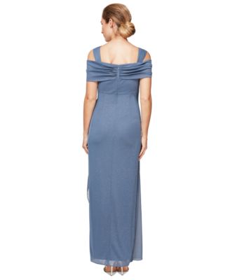 Cold-Shoulder Draped Metallic Petite Gown