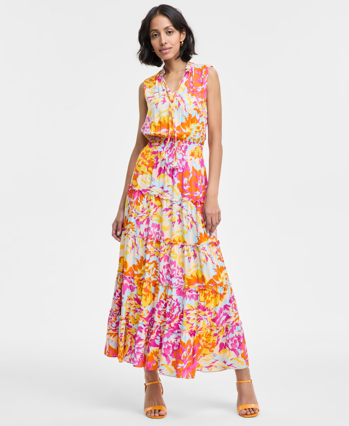 Msk Women's Printed Ruffle-collar Tiered Maxi Dress In Pink