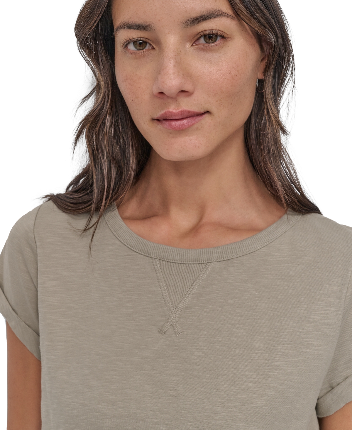 Shop Dkny Sport Women's V-inset Roll-sleeve T-shirt In Vintage Khaki