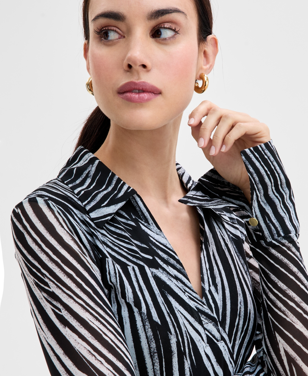 Inc International Concepts Women's Printed Johnny-collar Top, Exclusively At Macy's In Piastripe-