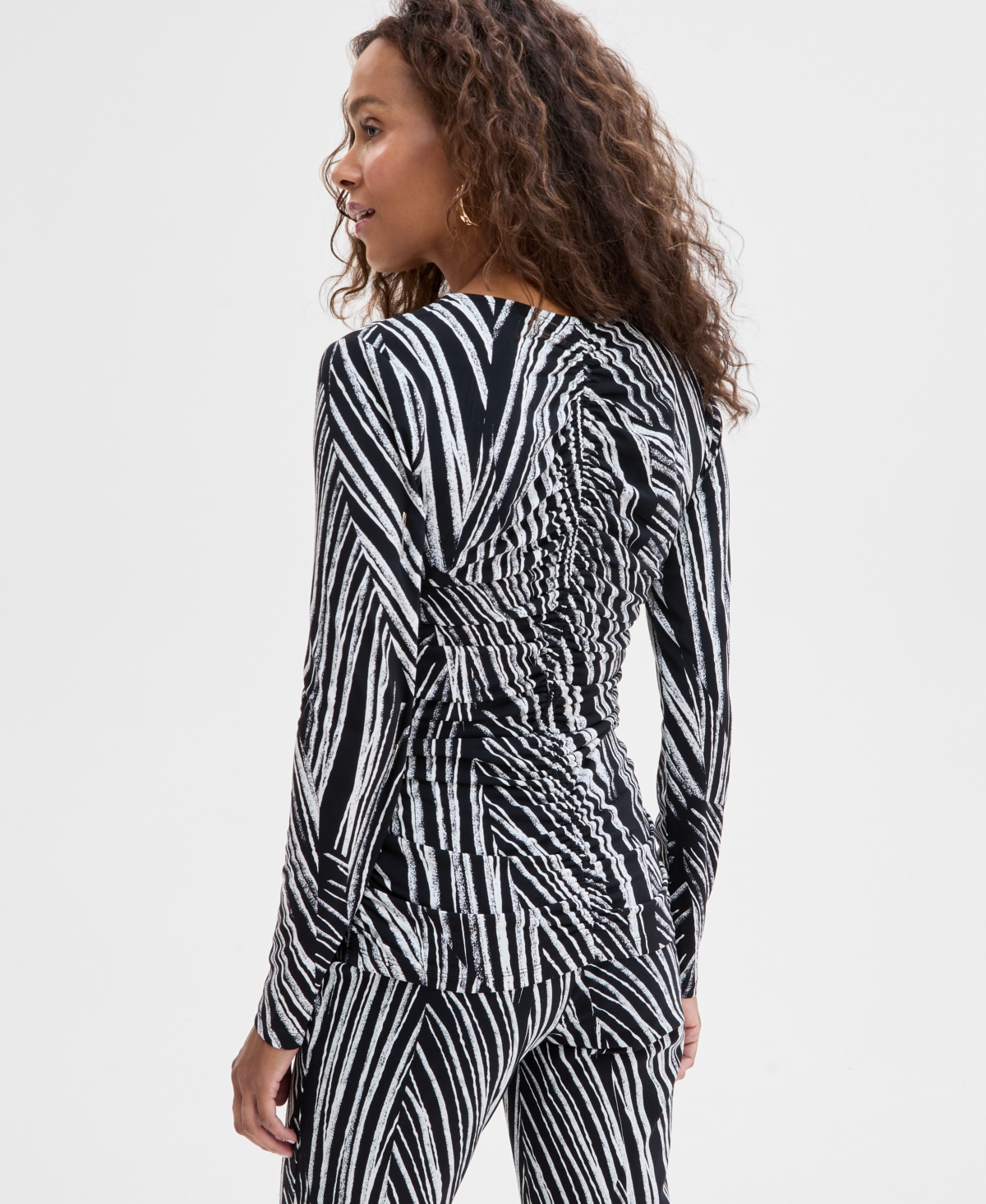 Inc International Concepts Women's Printed Ruched-front V-neck Top, Exclusively At Macy's In Piastripe-black