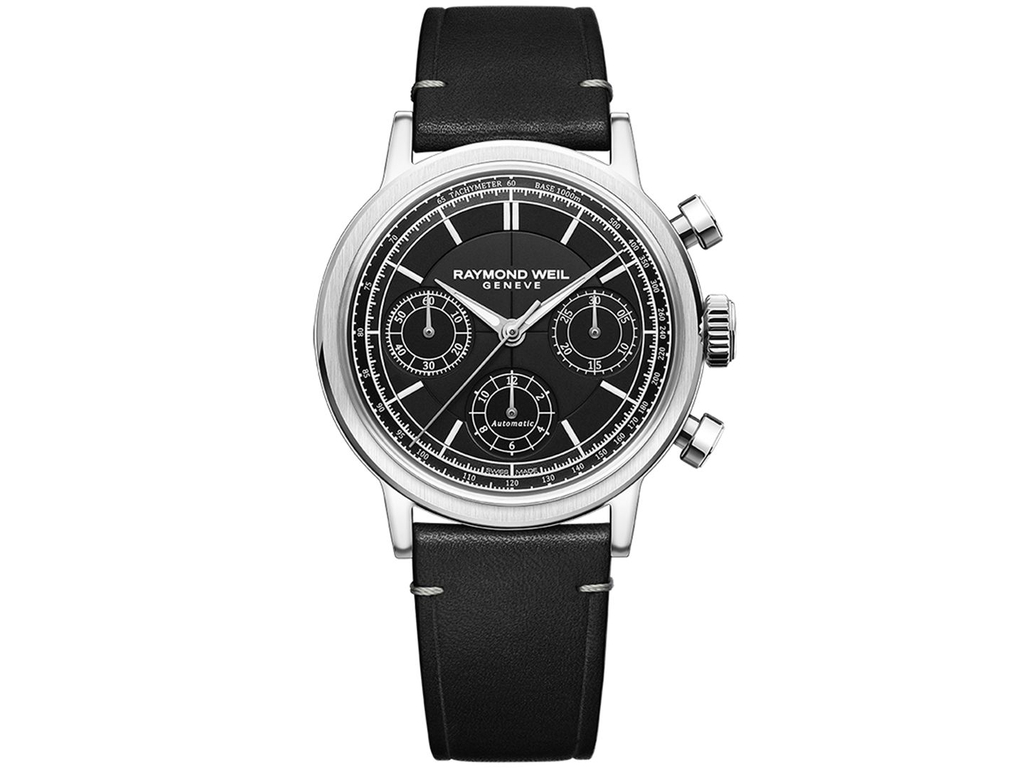 Мужские часы Raymond Weil Swiss Automatic Chronograph Millesime Black Leather Strap Watch 40mm — фото 1