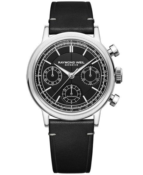 Мужские часы Raymond Weil Swiss Automatic Chronograph Millesime Black Leather Strap Watch 40mm