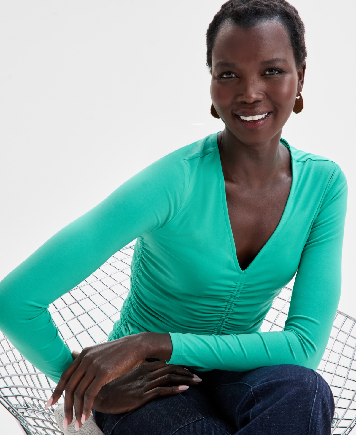 Inc International Concepts Ruched Long Sleeve Top Flared Leg Jeans Mesh Hobo Bag Hardware Detail Flats Exclusively At Macys In Winter Garden