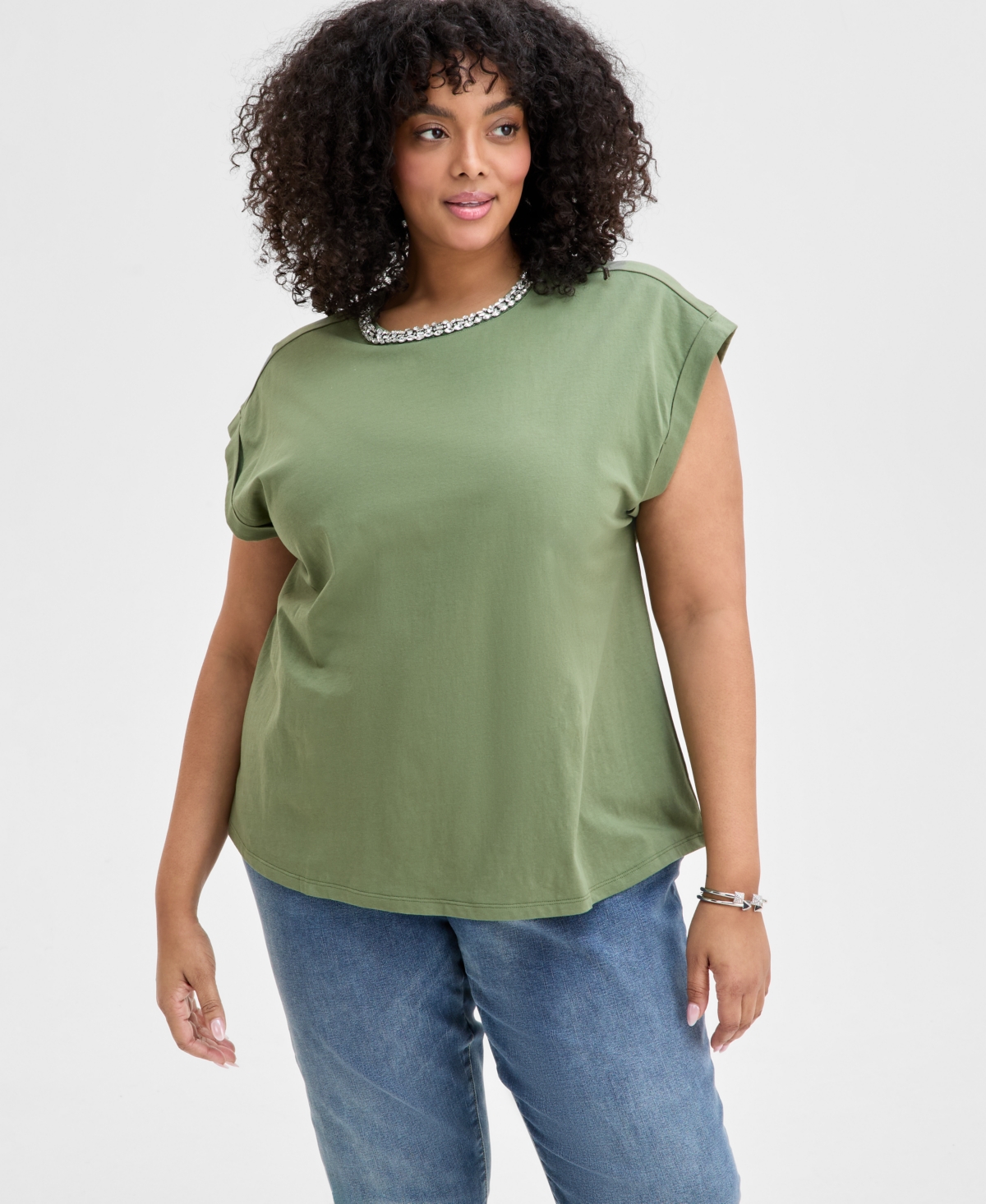 Inc International Concepts Plus Size Embellished-neck Cotton T-shirt, Exclusively At Macy's In Olivine