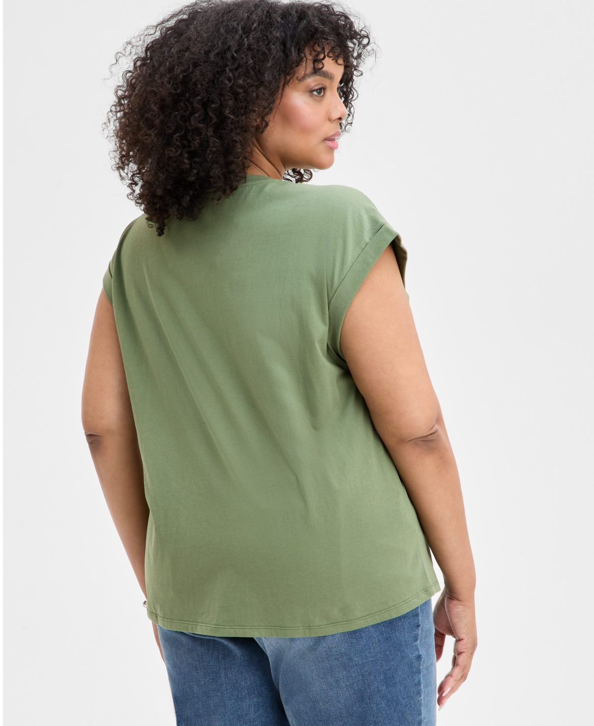 Inc International Concepts Plus Size Embellished-neck Cotton T-shirt, Exclusively At Macy's In Olivine
