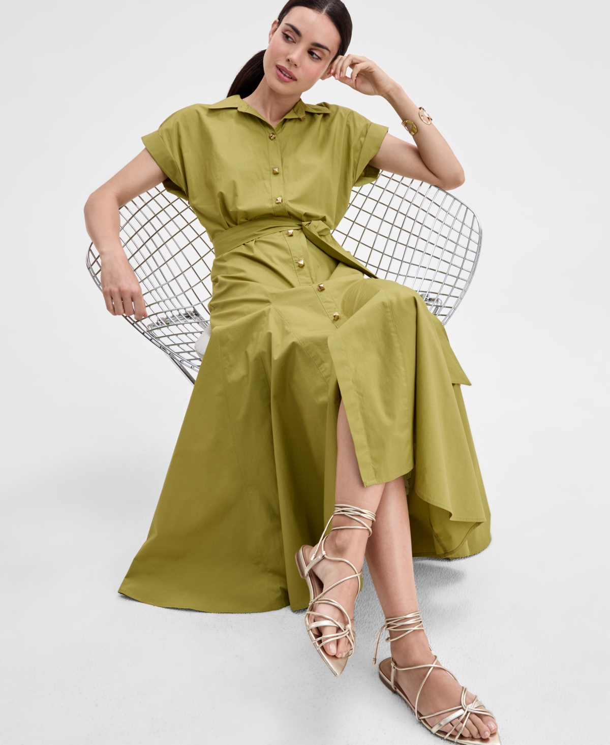Inc International Concepts Women's Cotton Maxi Shirtdress, Exclusively At Macy's In Gold Olive