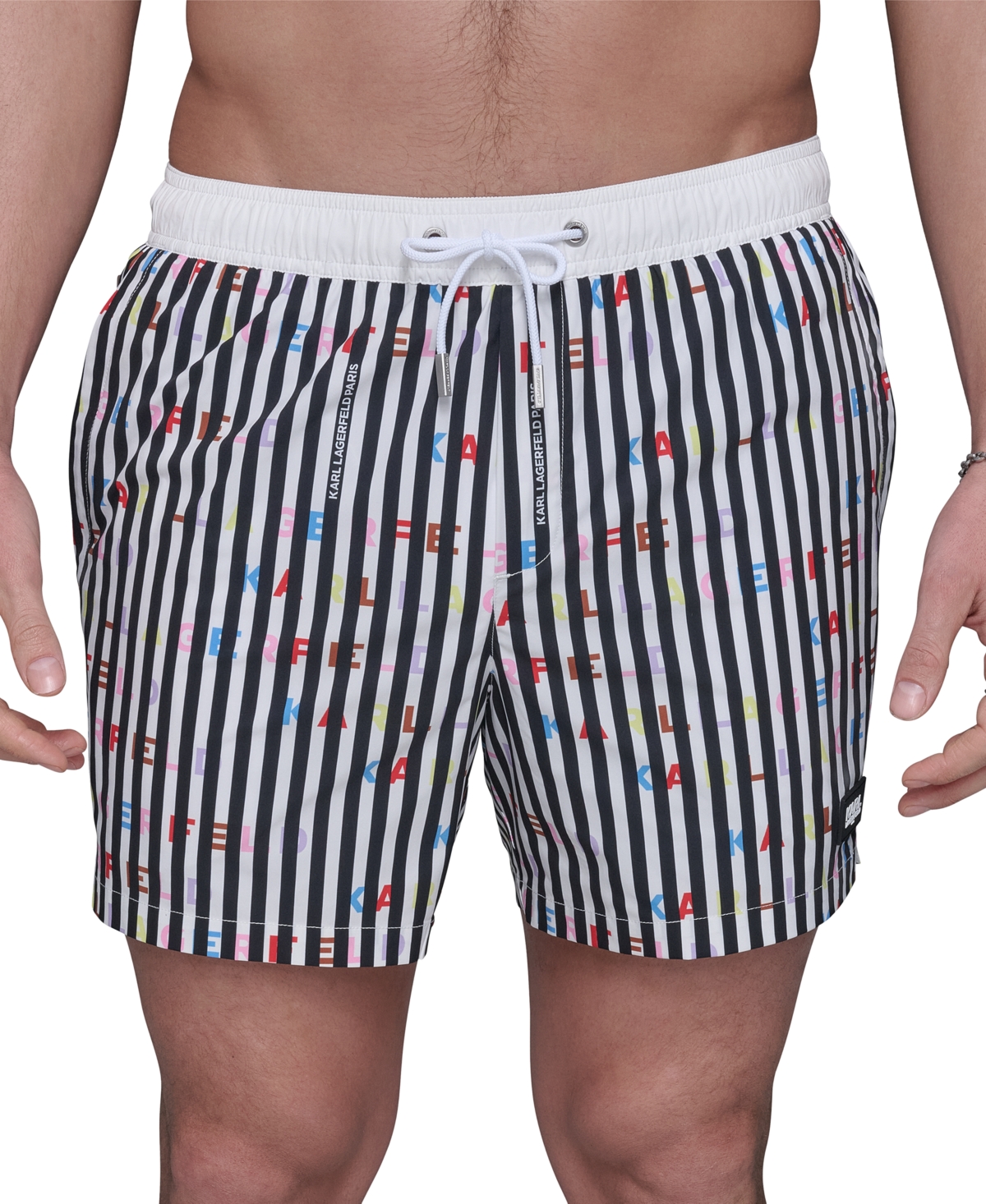 Karl Lagerfeld Men's Regular-fit Quick-dry 5" Swim Trunks With Boxer Brief Liner In Stripe