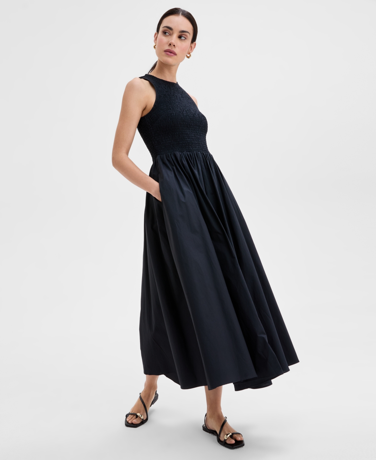 Inc International Concepts Women's Cotton Sleeveless Smocked Maxi Dress, Exclusively For Macy's In Deep Black