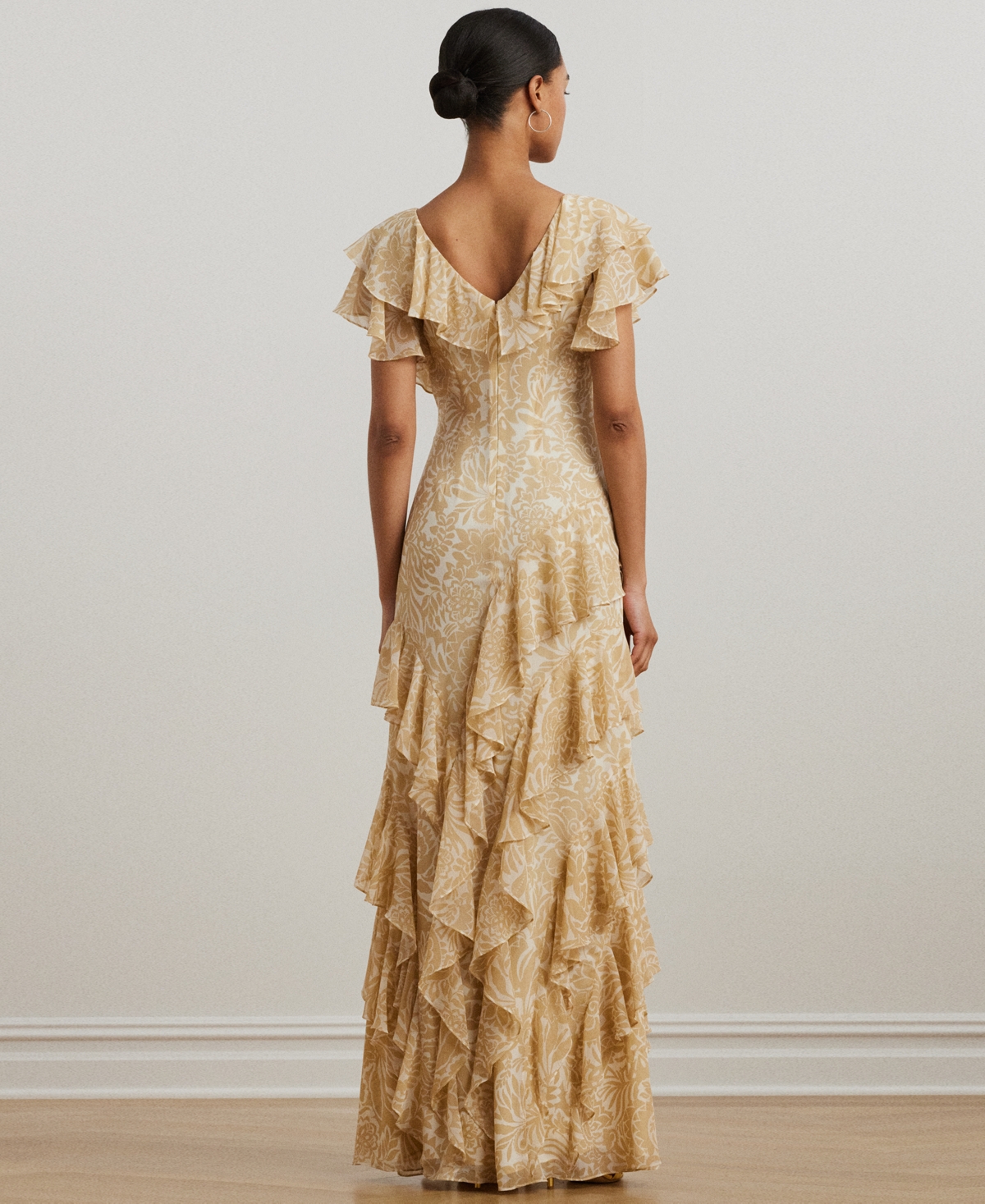 Shop Ralph Lauren Women's Floral Ruffle-trim Georgette Gown In Cream,tan
