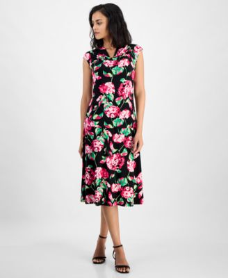 Womens Floral Cowlneck Cap Sleeve Top Floral Flared Pull On Midi Skirt