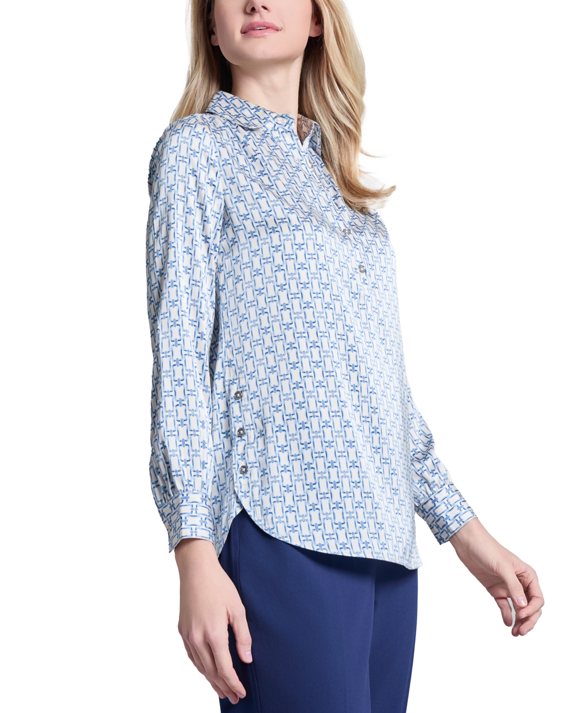 Jones New York Women's Side-button Long-sleeve Satin Tunic In Jones White Multi