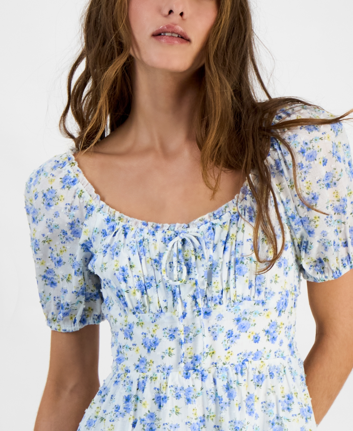 KINGSTON GREY JUNIORS' FLORAL-PRINT COTTON PUFF-SLEEVE MINI DRESS 