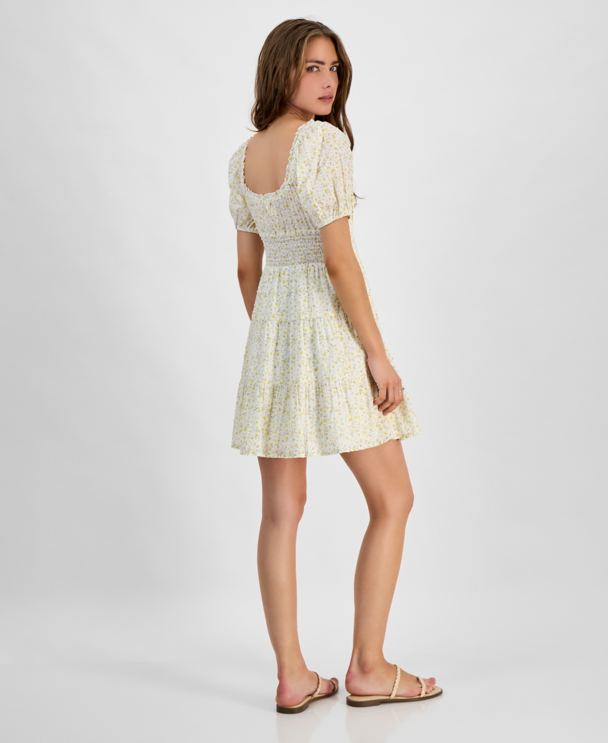 KINGSTON GREY JUNIORS' FLORAL-PRINT COTTON PUFF-SLEEVE MINI DRESS 
