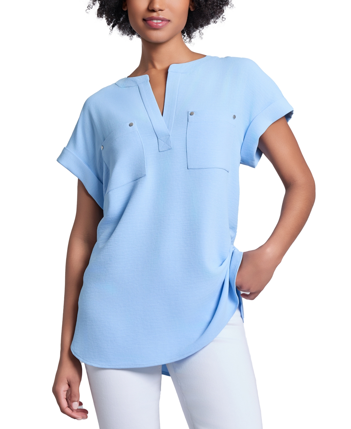 Jones New York Split Neck Cuff Cap Sleeve Tunic Top In Chintz Blue