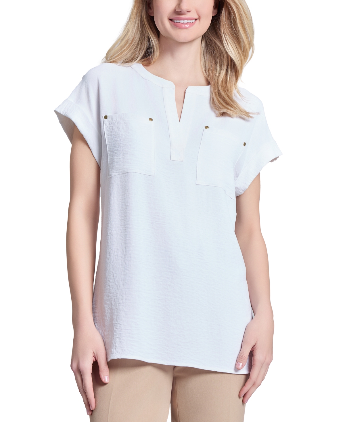 Women's Split-Neck Cap-Sleeve Blouse - Nyc White