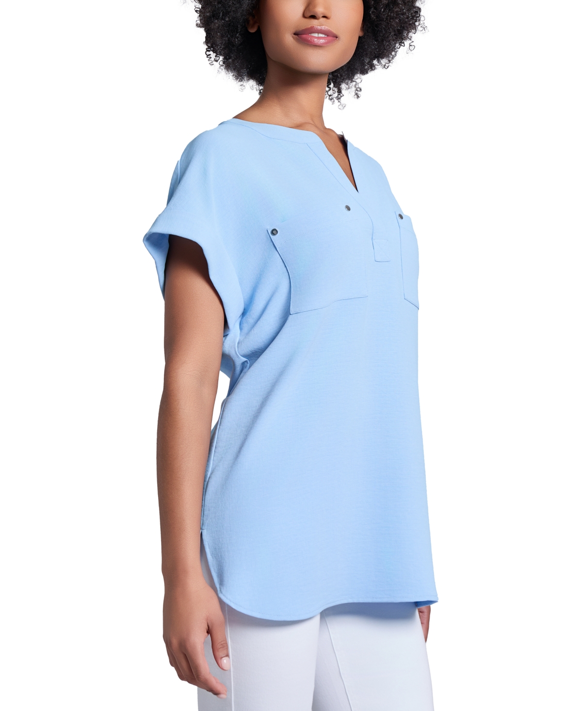 Jones New York Split Neck Cuff Cap Sleeve Tunic Top In Chintz Blue