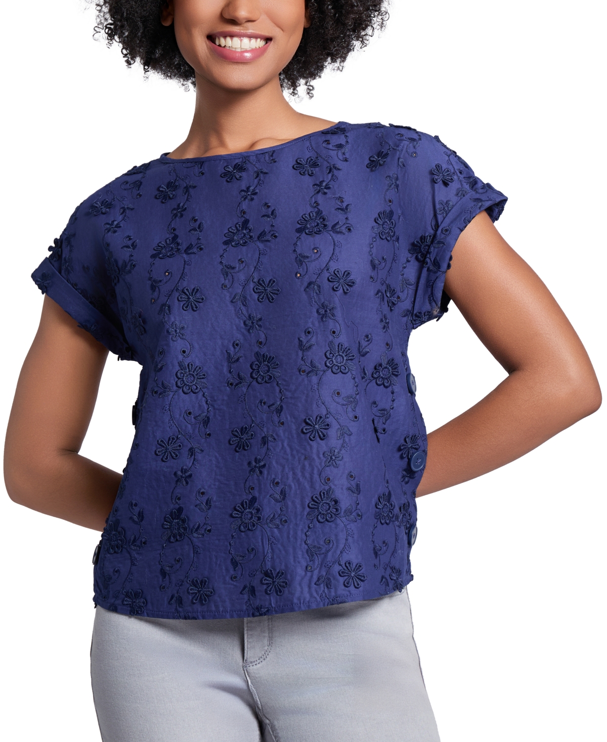 Women's Cotton Floral-Eyelet Crewneck Top - Pacific Navy