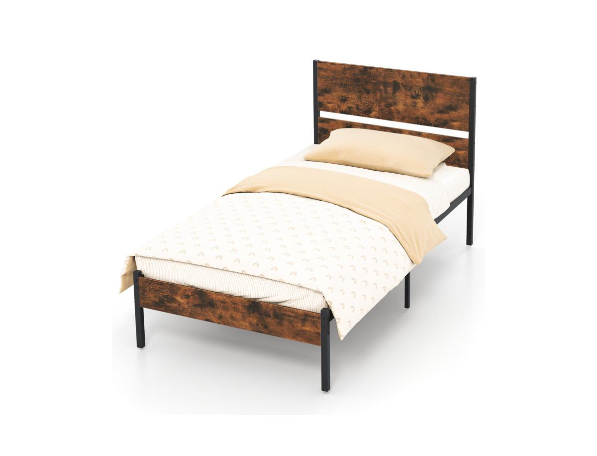 Metal Bed Frame with Wooden Headboard and Footboard
