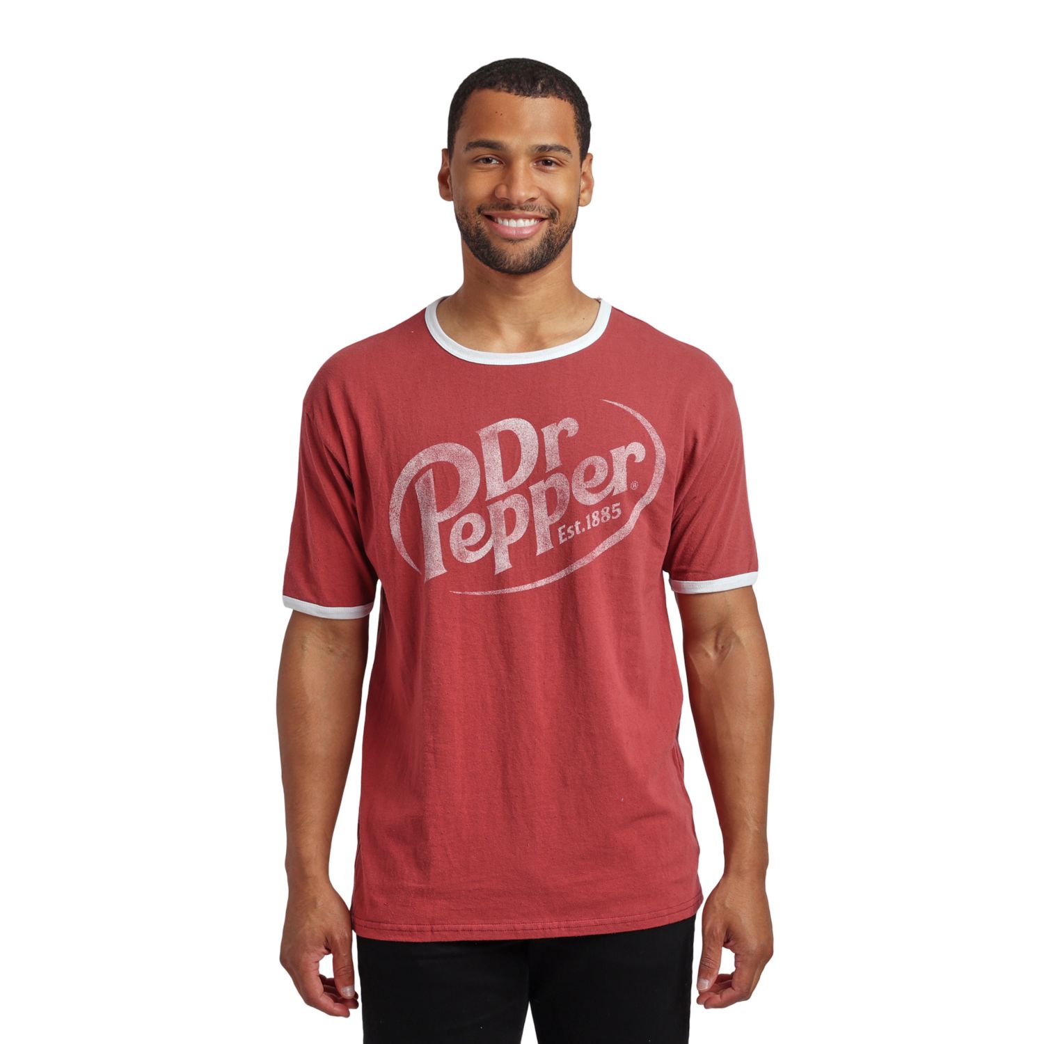 Men's Dr Pepper Logo Crew Neck Short Sleeve Red Ringer Tee -Large