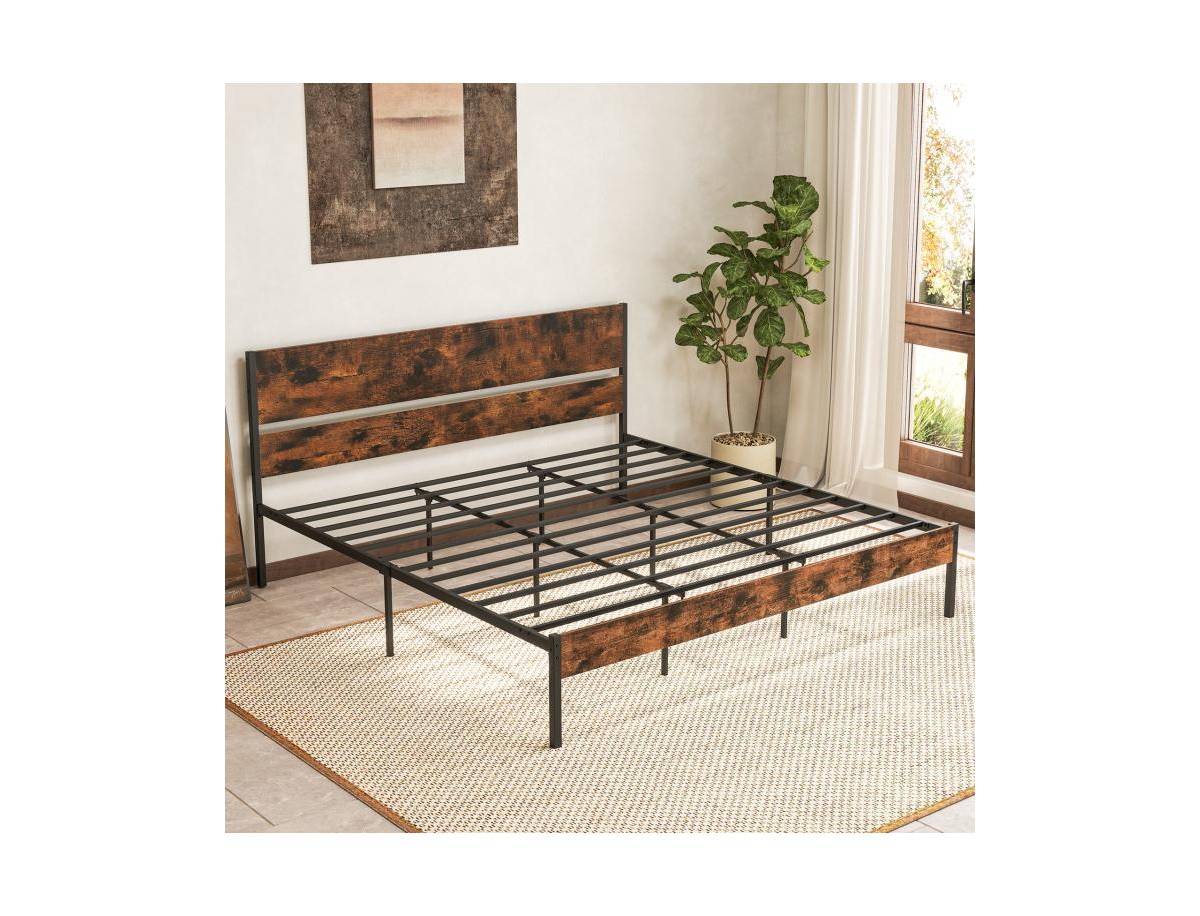 Metal Bed Frame with Wooden Headboard and Footboard