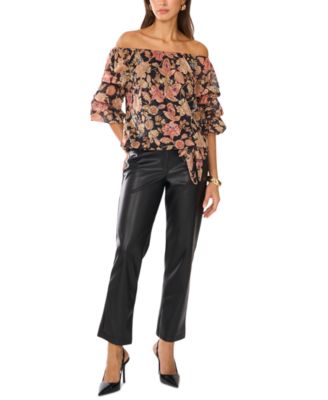 Women's Floral Off-The-Shoulder Bubble 3/4-Sleeve Tie-Front Blouse