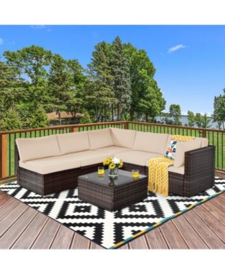 6 Pieces Patio Rattan Furniture Set with Cushions and Glass Coffee Table
