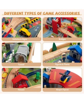 Kids Double-Sided Wooden Train Table Playset with Storage Drawer