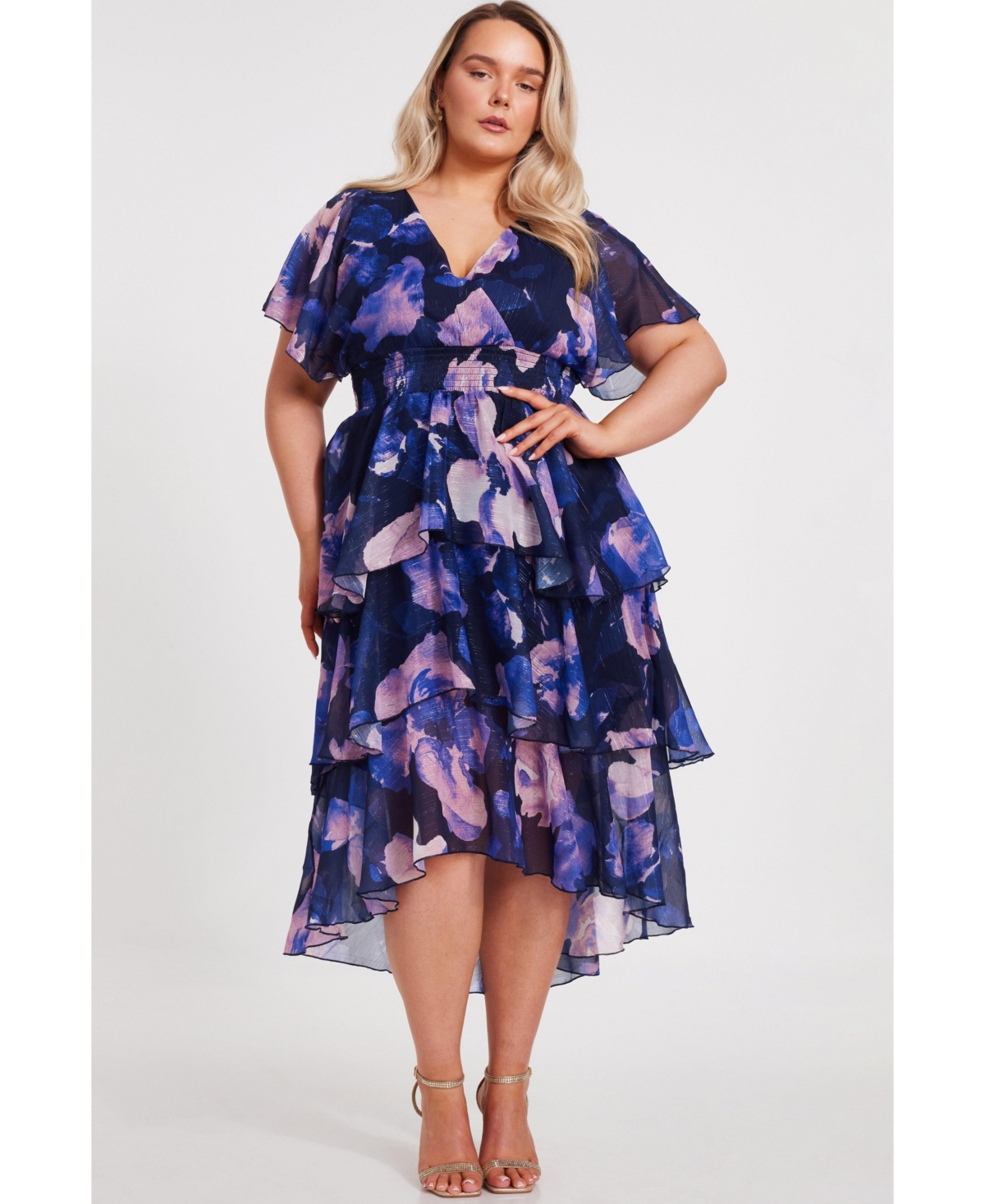 Plus Size Front Wrap Midi Dip Hem Dress - Navy