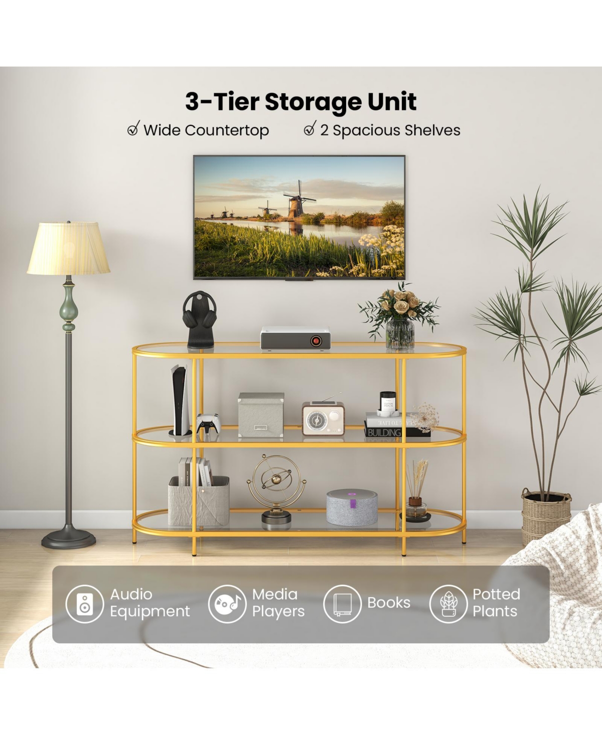 3-Tier Tv Stand Console Table with Shelves Modern Entertainment Center for Living Room