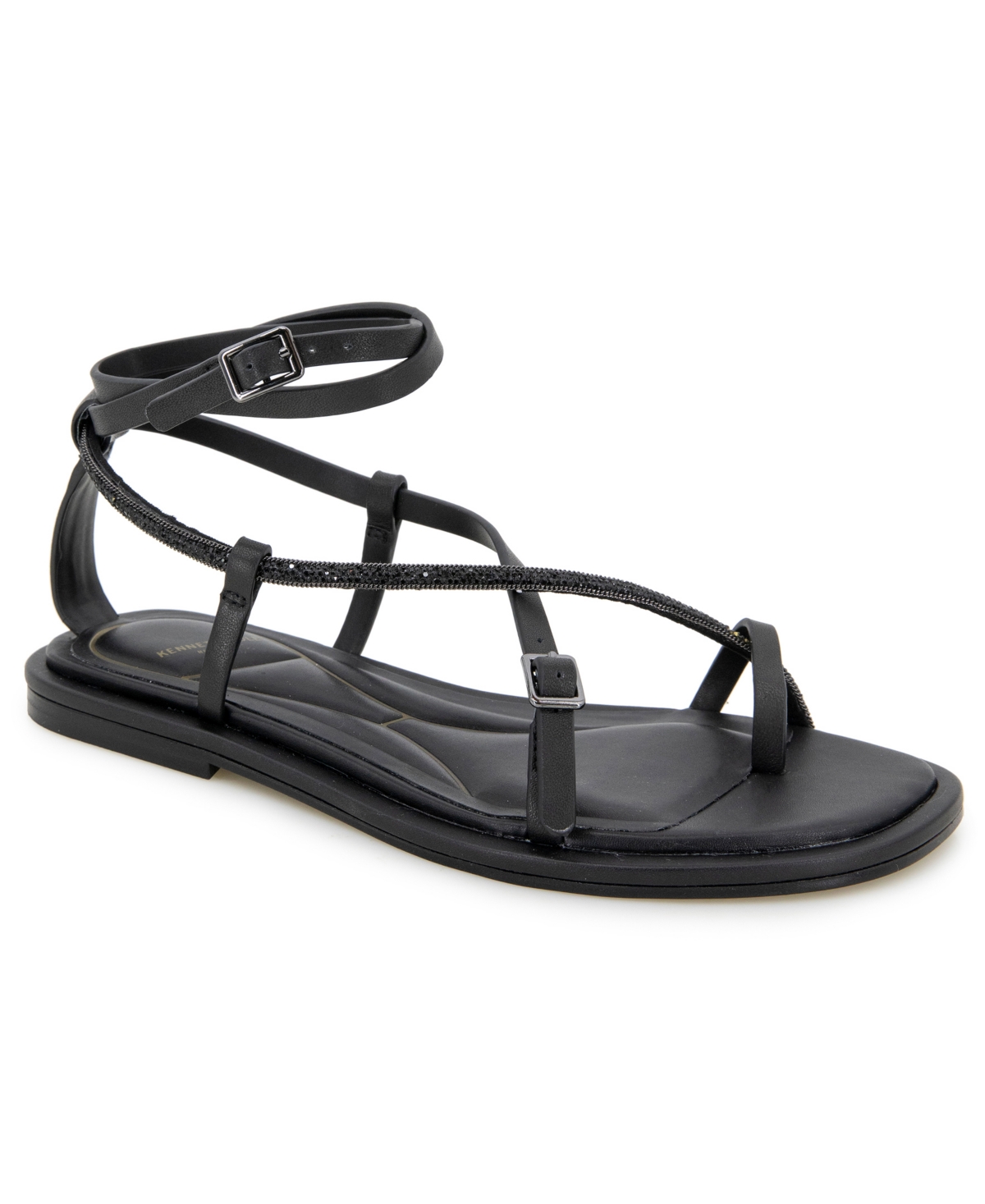 Kenneth Cole New YorkWomen's Paros Jewel Square Toe Flat Sandals - Black Leather