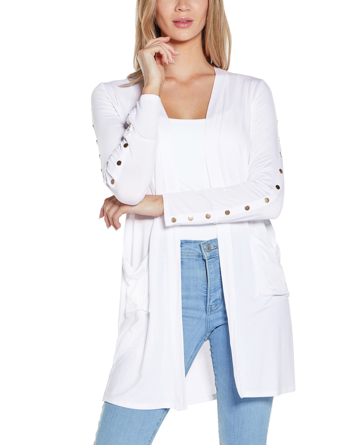 Shop Belldini Women's Embellished Sleeve Knit Open Cardigan Top In White