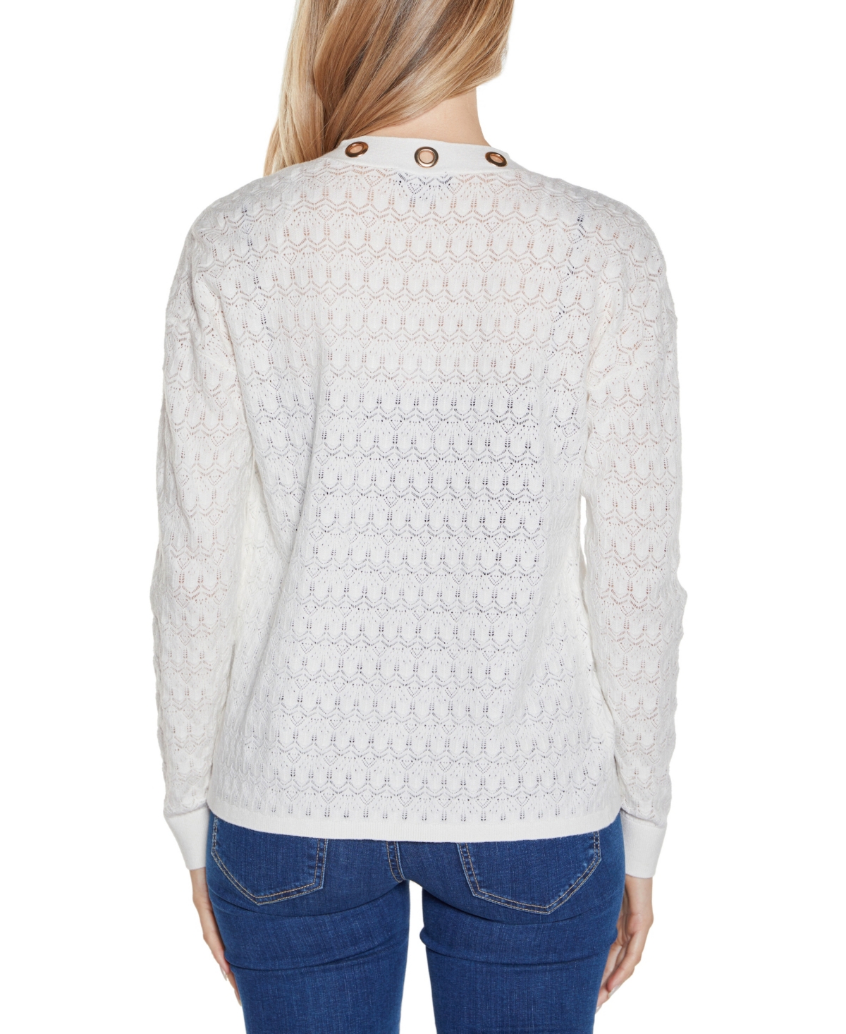 Shop Belldini Women's Pointelle And Grommet Open Cardigan Sweater In Ivory Multi