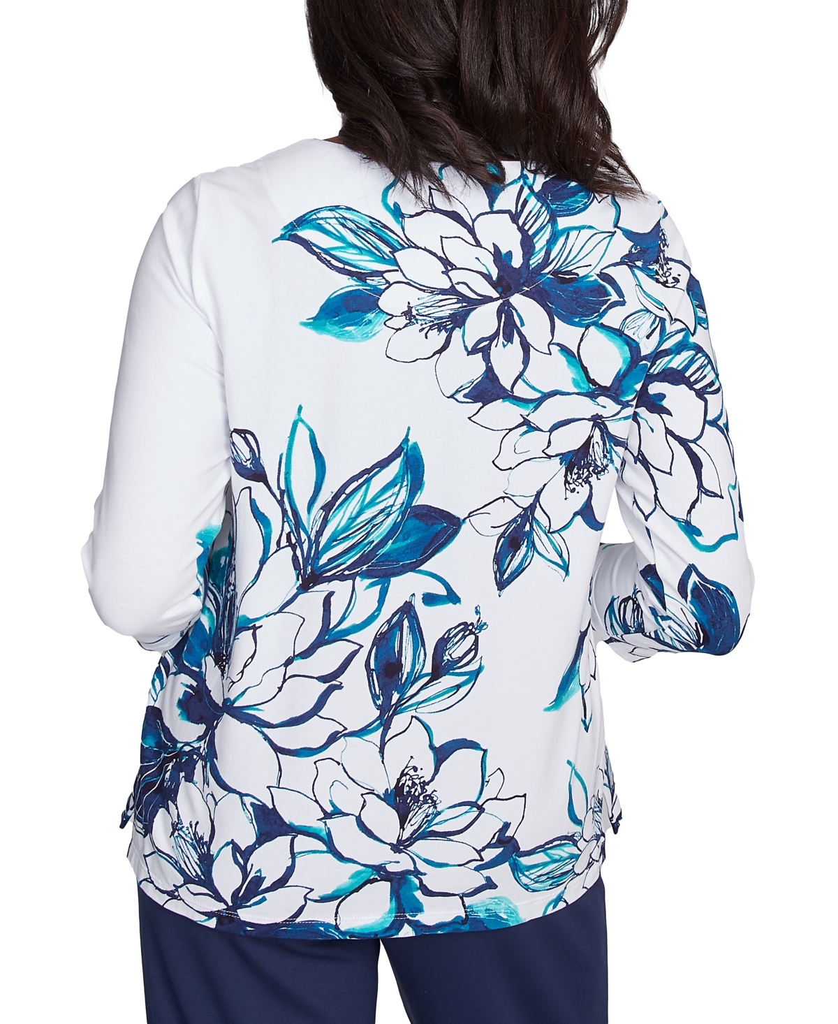 Alfred Dunner Petite Floral 3/4-sleeve Crewneck Top In Marinmu