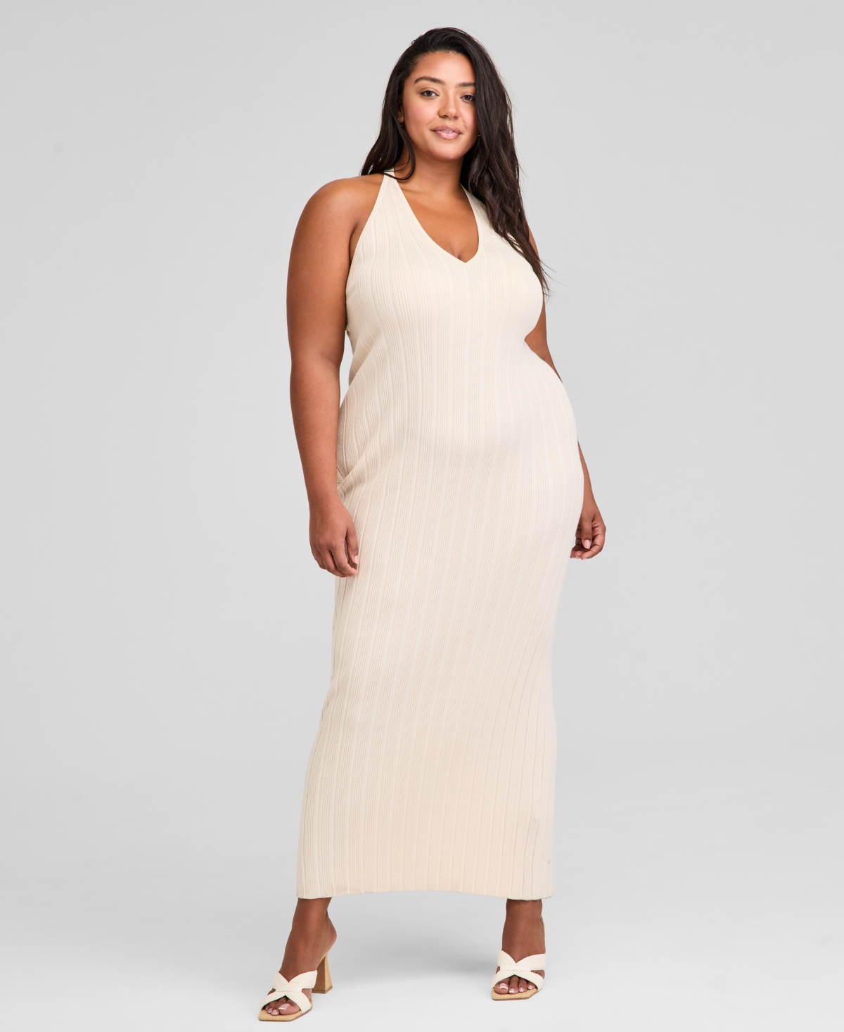 Trendy Plus Size V-Neck Sleeveless Sweater Dress, Exclusively at Macy's - Palomino