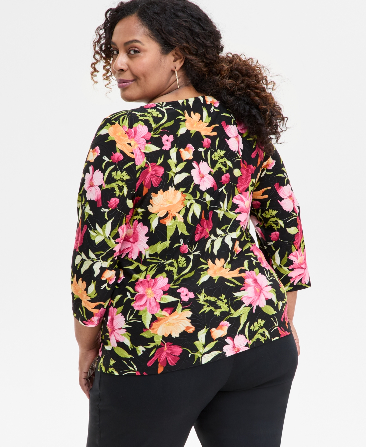 JM COLLECTION PLUS SIZE PRINTED 3/4-SLEEVE TOP, EXCLUSIVELY AT MACY'S 