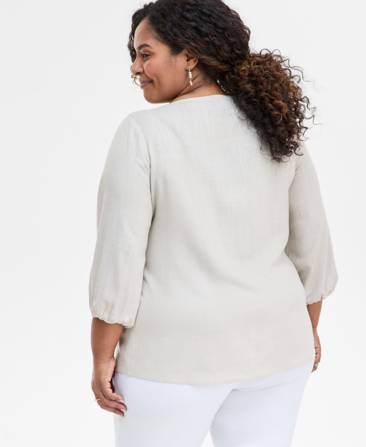 Plus Size Pleated Split-Neck Top
